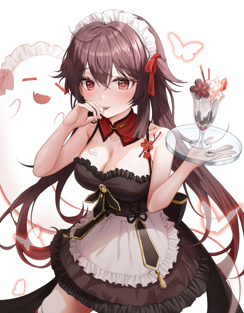 1girl, absurdres, alternate_breast_size, alternate_costume, apron, bare_shoulders, black_dress, blush