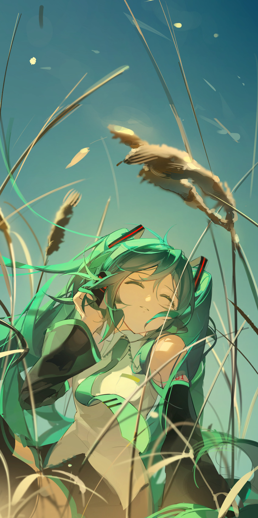 1girl, absurdres, aqua_hair, aqua_trim, bare_shoulders, black_skirt, black_sleeves, blue_necktie, blue_sky, closed_eyes, collared_shirt, day, detached_sleeves, floating_hair, hair_between_eyes, hatsune_miku, headset, highres, long_hair, necktie, nyansky, outdoors, pampas_grass, parted_lips, reeds, shirt, sidelocks, sitting, skirt, sky, solo, thighhighs, vocaloid, white_shirt, wind