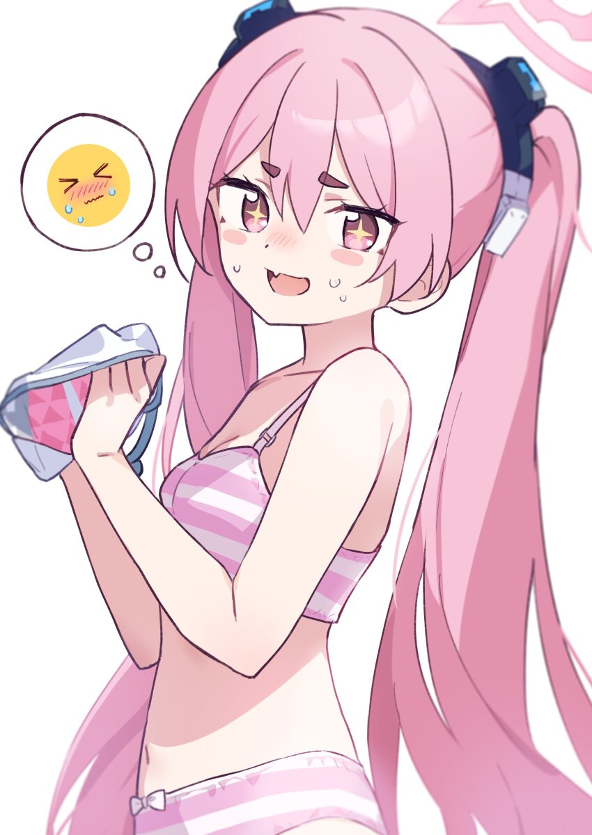 >_<, absurdres, blue_archive, blush, blush_stickers, bra, breasts, cleavage