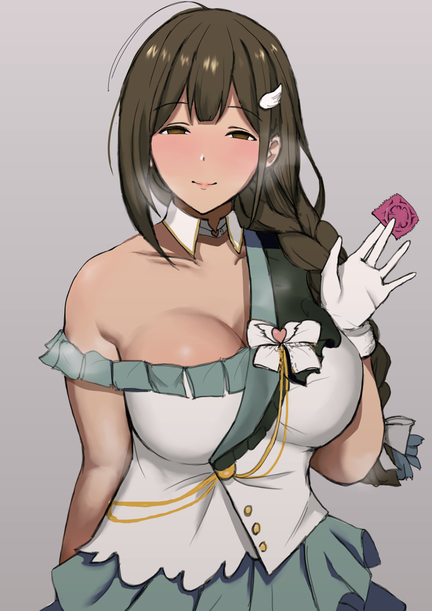 1girl, absurdres, ahoge, armpit_crease, asymmetrical_clothes, beyond_the_bluesky_(idolmaster), blush, breasts, breath, brown_hair, chiheisennodoria_minor7th, cleavage, collarbone, condom, condom_wrapper, detached_collar, gloves, grey_background, half-closed_eyes, highres, holding, holding_condom, huge_breasts, idolmaster, idolmaster_shiny_colors, kuwayama_chiyuki, long_braid, looking_at_viewer, simple_background, single_bare_shoulder, smile, solo, white_gloves