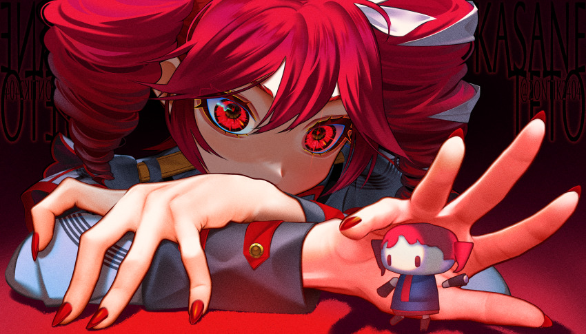 1girl, character_doll, covered_mouth, doll, drill_hair, eyelashes, fingernails, grey_jacket