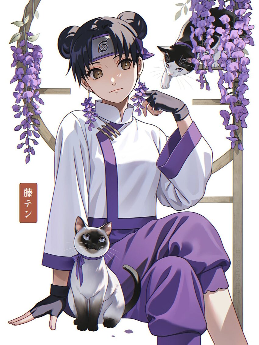 1girl, black_hair, brown_eyes, cat, double_bun, fingerless_gloves, flower, forehead_protector