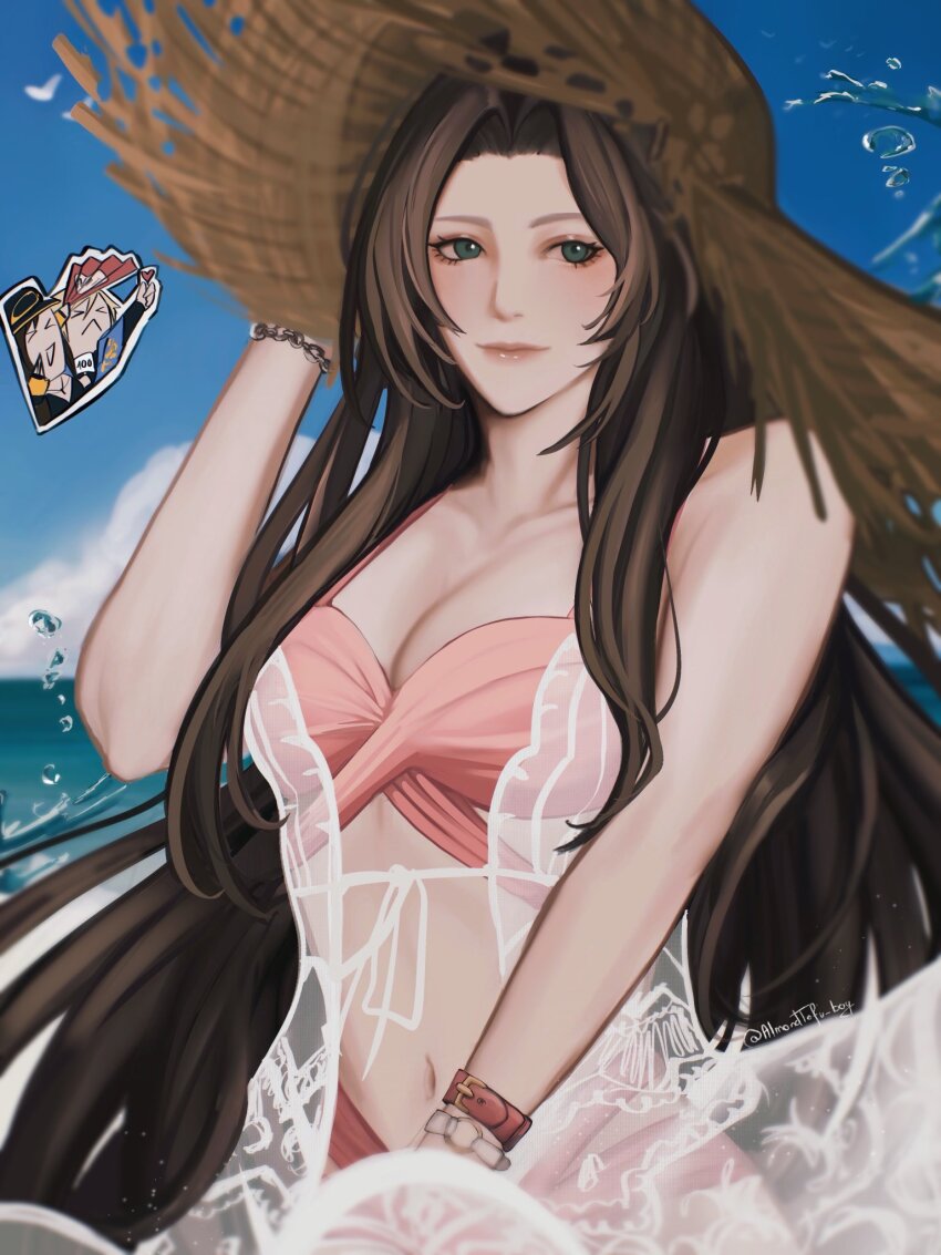 >_<, 1boy, 2girls, :d, aerith_gainsborough, aerith_gainsborough_(sunny_robe), almondtofu_boy, bare_shoulders, baseball_cap, bikini, black_hair, blonde_hair, blue_shirt, bracelet, breasts, brown_hair, chibi, chibi_inset, cleavage, closed_mouth, cloud_strife, cloud_strife_(ocean_chocobo), final_fantasy, final_fantasy_vii, final_fantasy_vii:_ever_crisis, final_fantasy_vii_rebirth, final_fantasy_vii_remake, green_eyes, hair_between_eyes, hand_fan, hat, hawaiian_shirt, heart, highres, holding, holding_fan, holding_heart, holding_unworn_clothes, holding_unworn_hat, jewelry, lace, light_smile, long_hair, looking_at_viewer, medium_breasts, midriff, multiple_girls, navel, ocean, official_alternate_costume, open_mouth, parted_bangs, pink_bikini, print_shirt, scorecard, shirt, sidelocks, smile, splashing, straw_hat, sun_hat, swimsuit, tifa_lockhart, tifa_lockhart_(lifeguard), twitter_username, unworn_hat, unworn_headwear, upper_body, wall_market, watch, wristwatch, xd