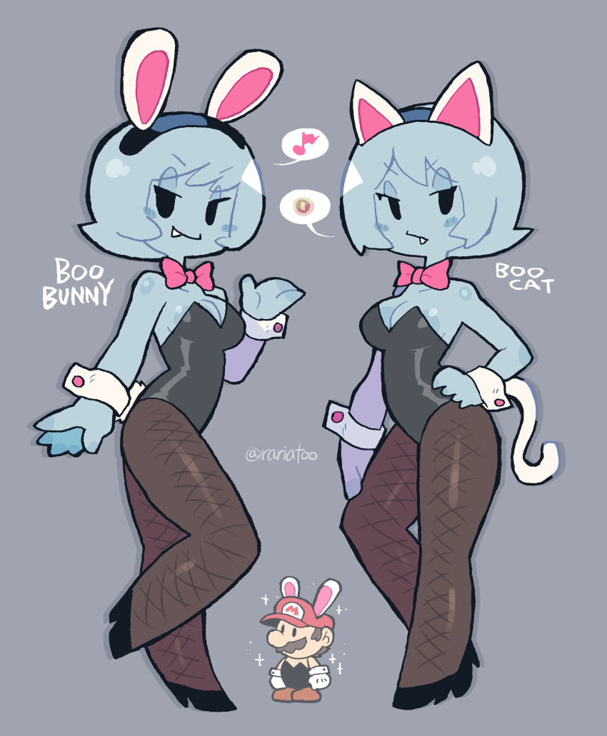 1boy, 2girls, :/, absurdres, animal_ears, large_nose, black_leotard, cat_ears