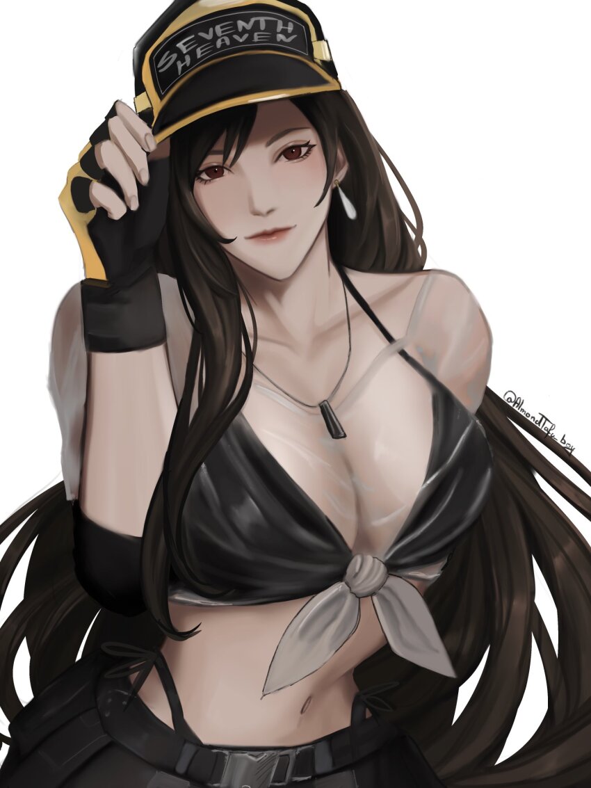 adjusting_clothes, adjusting_headwear, almondtofu_boy, baseball_cap, bikini, black_bikini, breasts, brown_eyes, brown_hair, cleavage, closed_mouth, crop_top, earrings, elbow_sleeve, final_fantasy, final_fantasy_vii, final_fantasy_vii:_ever_crisis, fingerless_gloves, floating_earrings, gloves, grey_skirt, hat, highres, jewelry, large_breasts, looking_at_viewer, midriff, navel, official_alternate_costume, see-through_clothes, see-through_shirt, shirt, single_sidelock, skirt, suspenders, swept_bangs, swimsuit, tifa_lockhart, tifa_lockhart_(lifeguard), twitter_username, wet, wet_clothes, wet_shirt, whistle, whistle_around_neck, white_background
