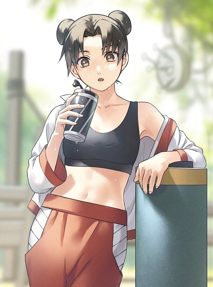 1girl, black_hair, bottle, breasts, brown_eyes, double_bun, hair_bun, highres