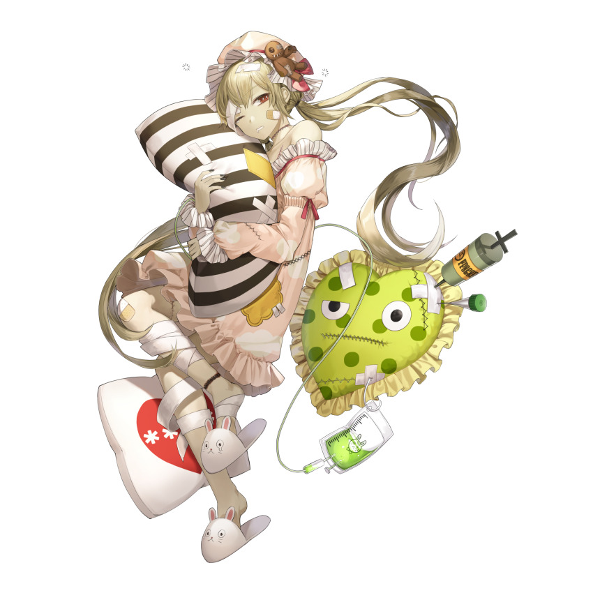 1girl, animal_ears, animal_nose, animal_print, animal_slippers, artist_request, asterisk_(symbol), asterisk_print, bandage_on_hair, bandage_over_one_eye, bandages, bandaid, bandaid_on_knee, bandaid_on_leg, black_nails, button_eyes, buttons, cloud_print, collarbone, cross-laced_pajamas, doll_hair_ornament, drooling, final_gear, fingernails, foot_wraps, frilled_pillow, frills, full_body, gathers, green_liquid, hat, hat_ribbon, head_wrap, heart, heart-shaped_pillow, heart_print, highres, holding, holding_pillow, intravenous_drip, leg_wrap, liquid, long_hair, long_sleeves, low-tied_long_hair, mob_cap, mouth_drool, off_shoulder_pajamas, official_art, one_eye_closed, pajamas, patchwork_clothes, pillow, pink_hat, pink_pajamas, pink_sleeves, polka_dot, polka_dot_pillow, puffy_sleeves, rabbit_ears, rabbit_footwear, rabbit_print, red_eyes, red_ribbon, ribbon, shmily_(final_gear), simple_background, single_tear, sleeve_ribbon, slippers, solo, stitched_chest, stitched_eye, stitched_leg, stitched_neck, stitched_pajamas, stitched_pillow, stitches, striped_pillow, syringe, tachi-e, third-party_source, transparent_background, twintails, very_long_hair, whiskers_print