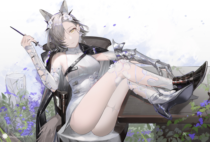 1girl, absurdres, animal_ears, arknights, ass, braid, breasts, brown_hair