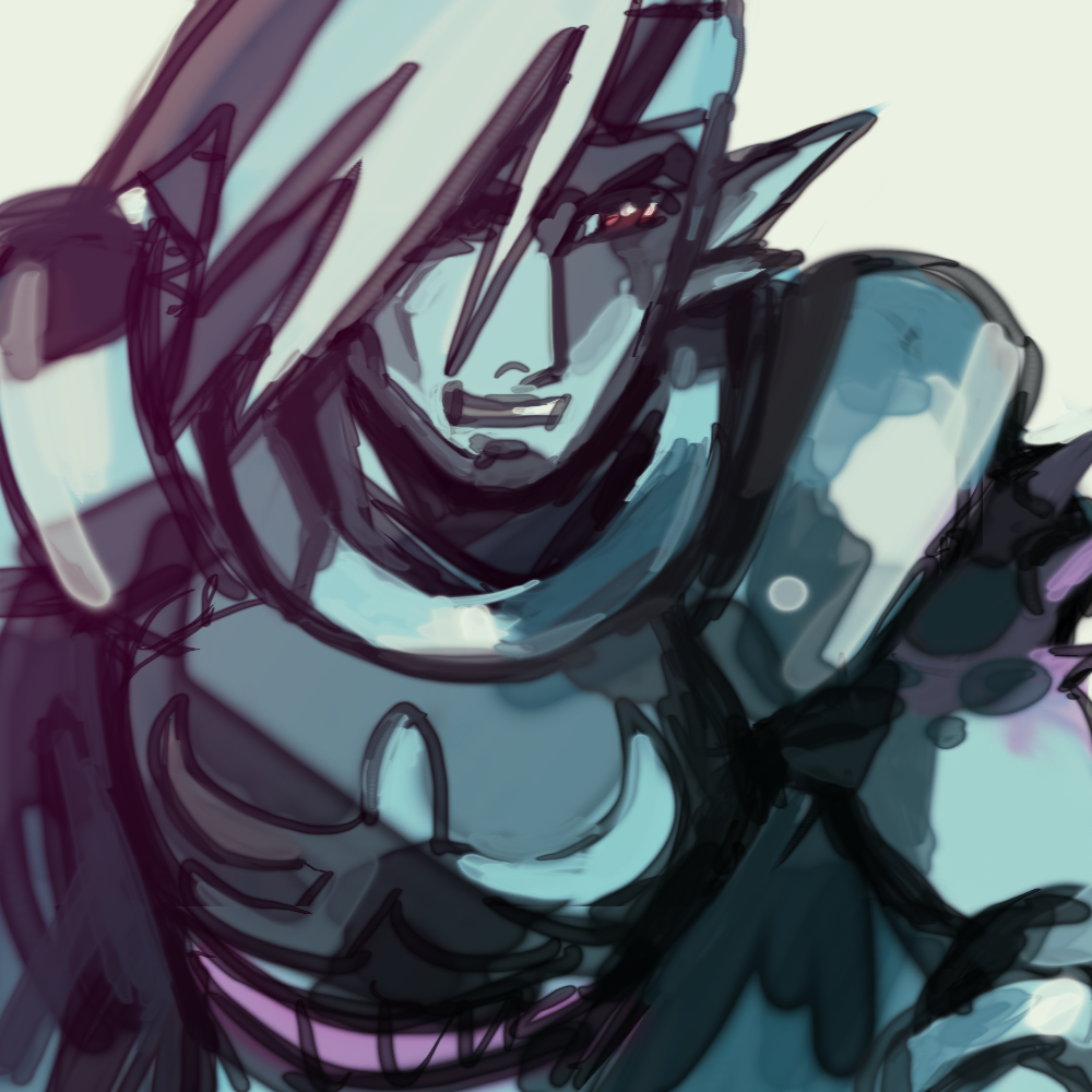 1boy, alephberg, armor, blue_skin, cape, colored_skin, evil_smile, golden_sun