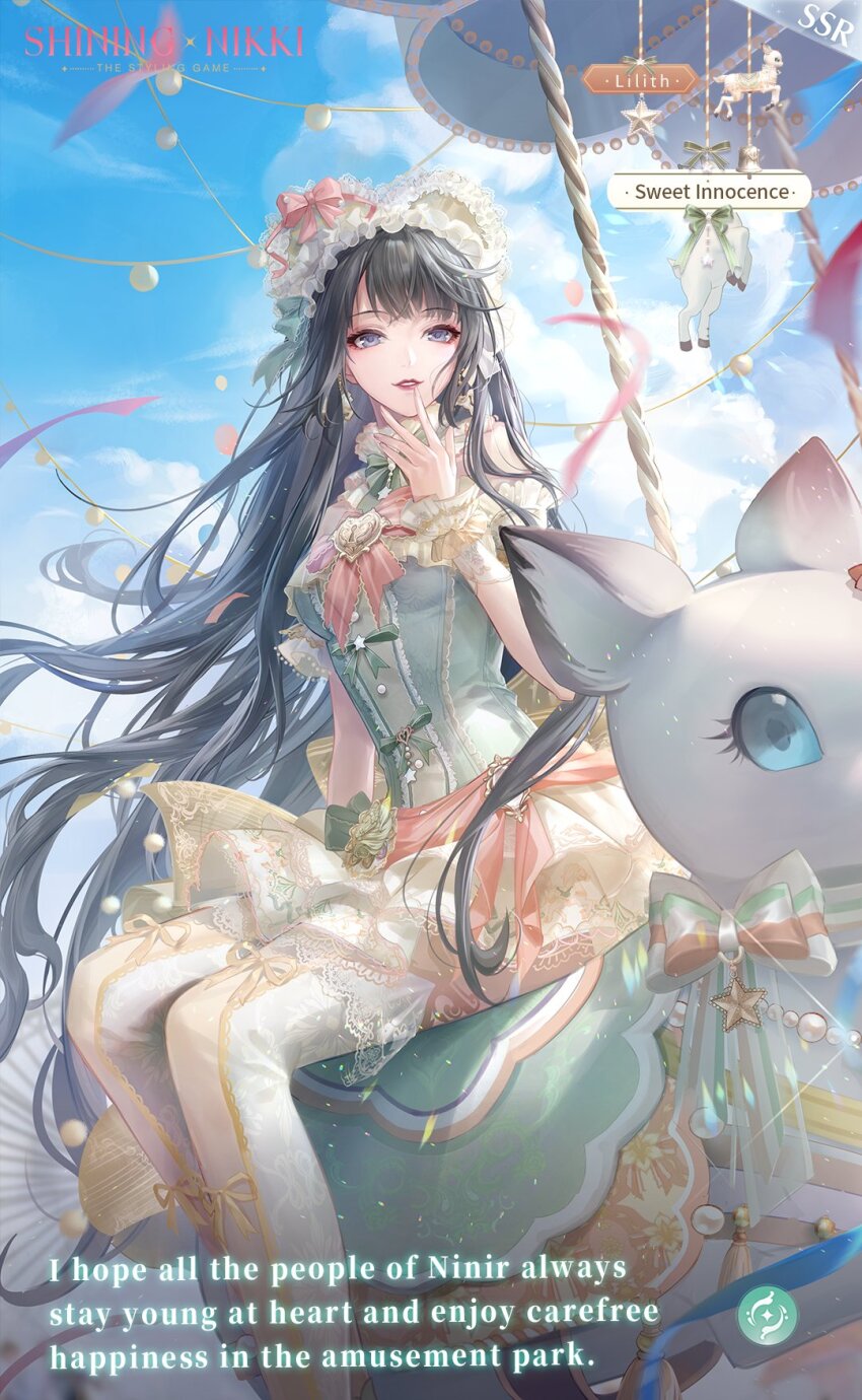 1girl, artist_request, balloon, bare_shoulders, black_hair, bonnet, bow, bow_choker