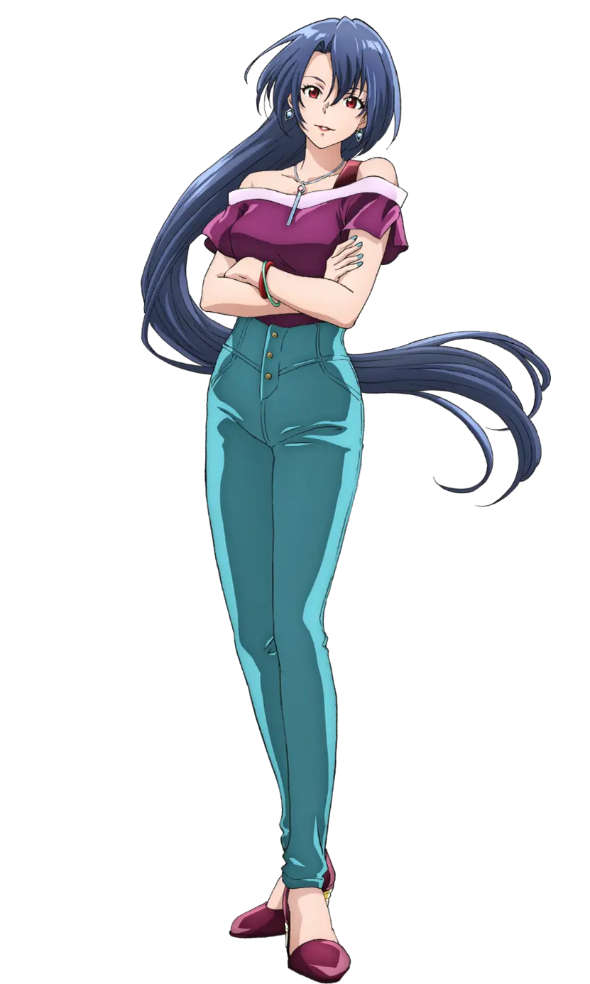 1girl, amane_towa, amulet, bangle, bar_necklace, blue_hair, blue_nails, blue_pants