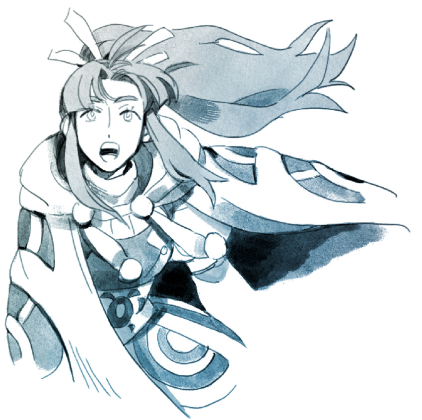 1girl, alephberg, blue_eyes, blue_hair, cloak, floating_hair, golden_sun, hair_ribbon, highres, hood, hooded_cloak, long_hair, looking_at_viewer, mia_(golden_sun), ponytail, ribbon, robe, simple_background, solo, wide_ponytail