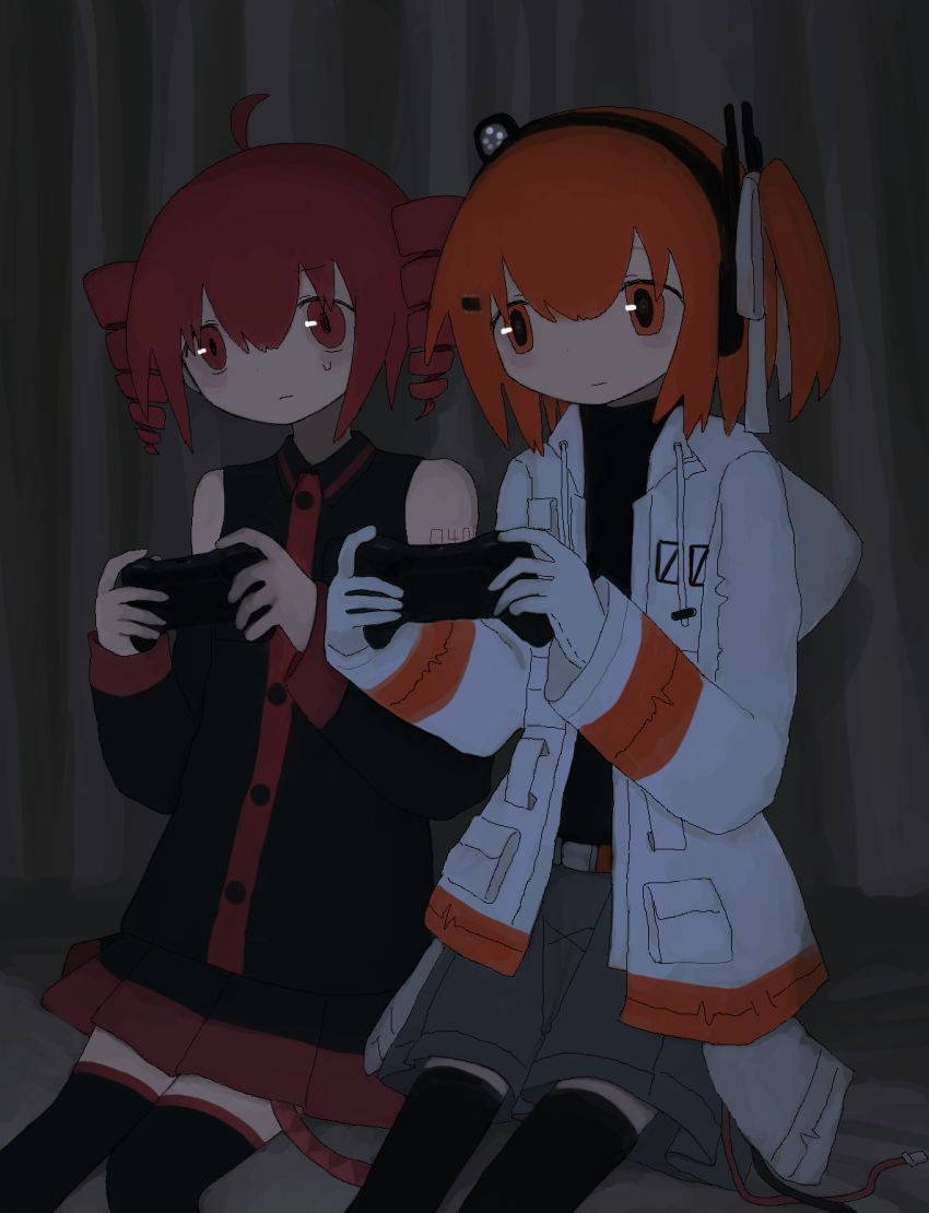 2girls, a.i._voice, adachi_rei, ahoge, bare_shoulders, black_shirt, black_sleeves, black_thighhighs