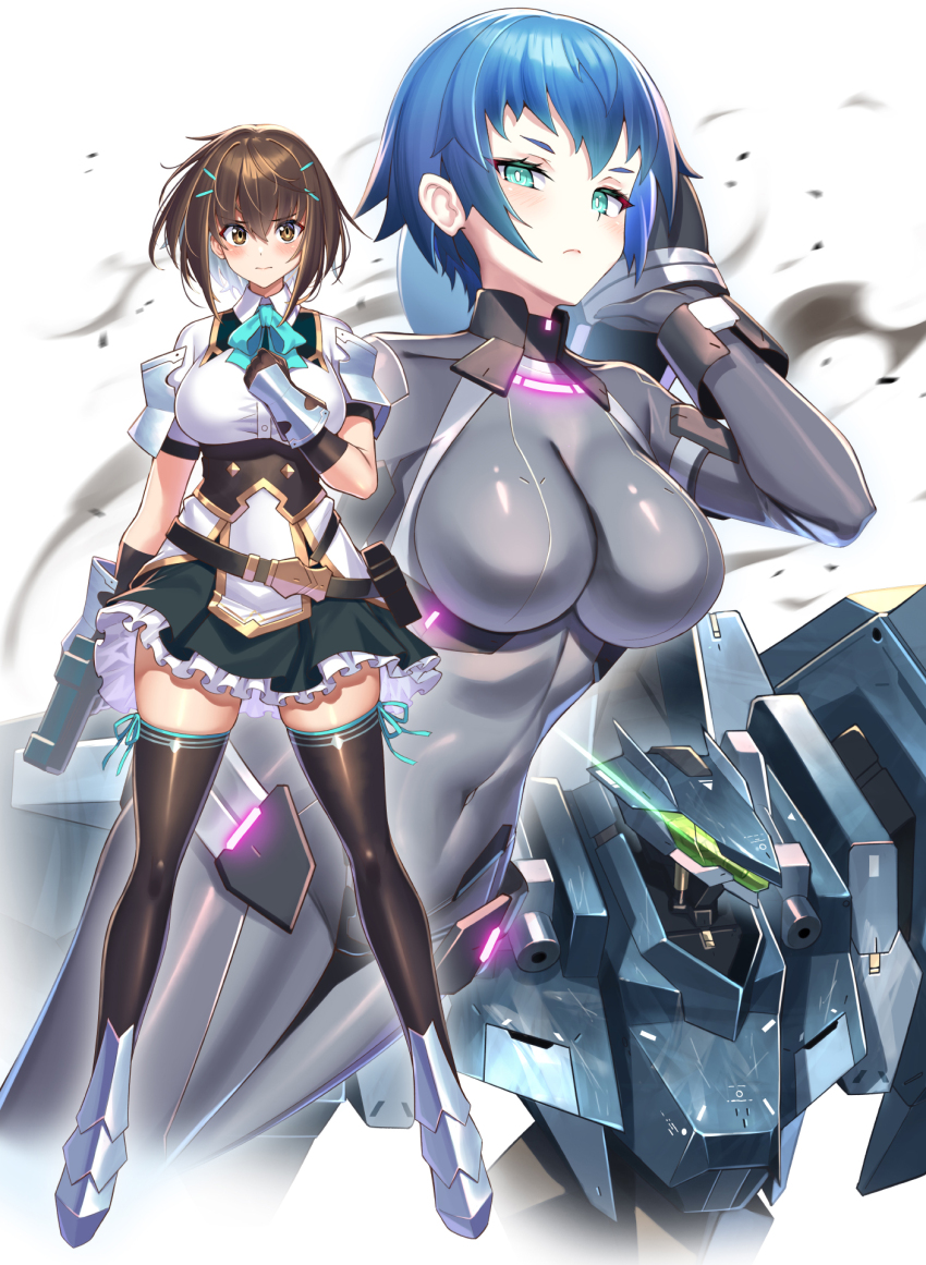2girls, aqua_eyes, armor, atashi_wa_seikan_kokka_no_eiyuu_kishi!, belt, black_bodysuit, black_gloves, black_thighhighs