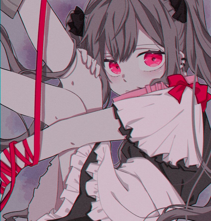1girl, apron, black_bow, blush, bow, closed_mouth, collar, dress, ear_piercing, frilled_apron, frilled_dress, frills, grey_hair, hair_between_eyes, hair_bow, highres, legs_up, long_hair, looking_at_viewer, miru_marumiya_(02m_zzz), original, piercing, pink_collar, pink_eyes, pout, ribbon, simple_background, solo, twintails, wrist_ribbon
