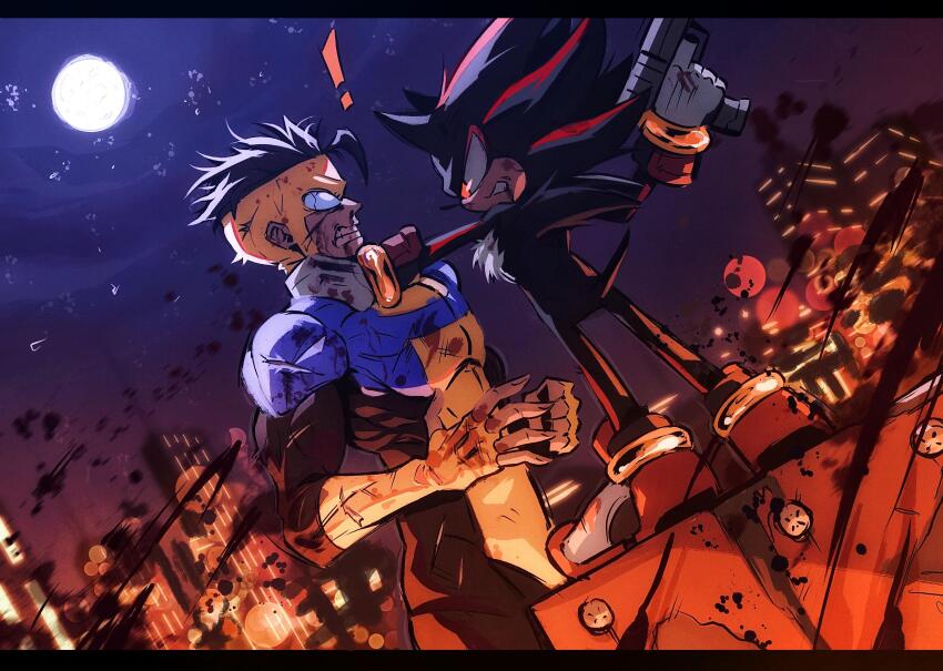 !, absurdres, black_hair, blood, blood_on_clothes, bruise, bruise_on_face, building