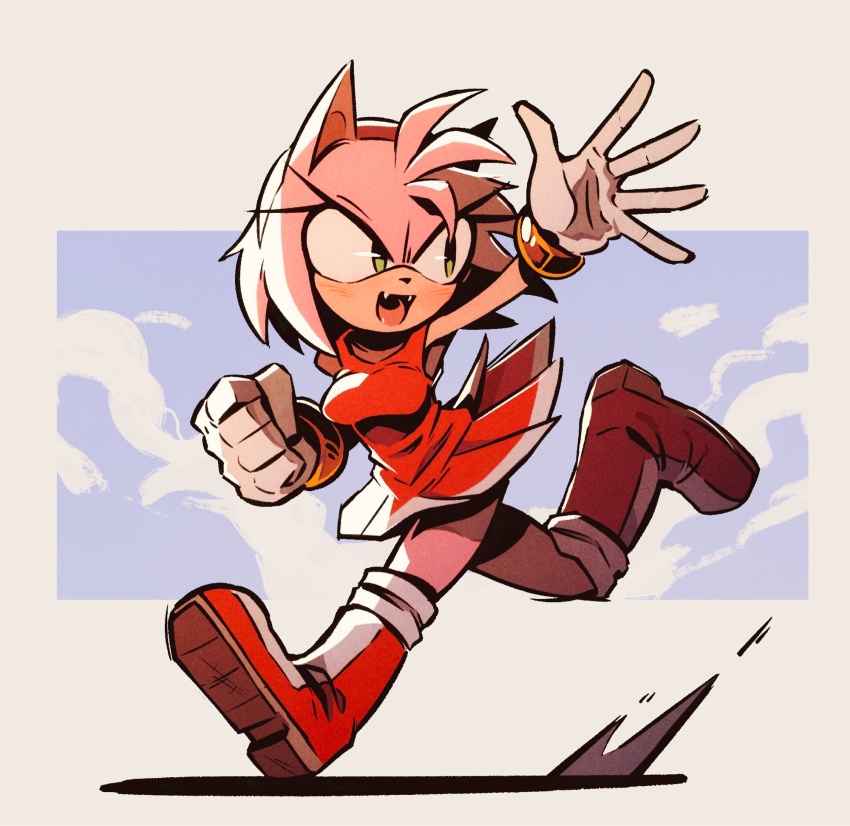 1girl, amy_rose, animal_ears, boots, commentary, dress, fangs, full_body, furrowed_brow, furry, furry_female, gloves, green_eyes, hairband, highres, hoodedmask, open_mouth, pink_hair, pleated_dress, red_boots, red_dress, red_hairband, running, short_dress, short_tail, smile, solo, sonic_(series), tail, waving, white_gloves