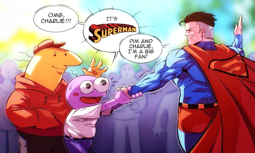 3boys, black_hair, blush_stickers, cape, charlie_dompler, closed_eyes, commentary, crossover