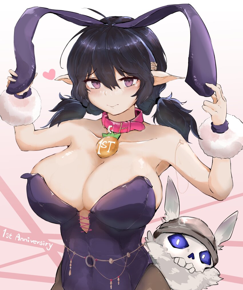 1girl, 1other, absurdres, animal_collar, animal_ears, anniversary, armpits, biting_another's_tail, black_hair, blush, breasts, brown_dust_(series), brown_dust_2, closed_mouth, collar, covered_navel, cross-laced_clothes, cross-laced_leotard, elf, english_text, fake_animal_ears, fake_tail, fur_wrist_cuffs, hair_tie, hand_on_own_ear, heart, helmet, highres, isaac_(brown_dust), large_breasts, leotard, loen_(brown_dust), looking_at_viewer, pink_background, pink_collar, playboy_bunny, pointy_ears, purple_eyes, purple_leotard, rabbit_ears, rabbit_tail, rippannjaku, short_twintails, solo_focus, tail, twintails, upper_body, wavy_mouth, wrist_cuffs