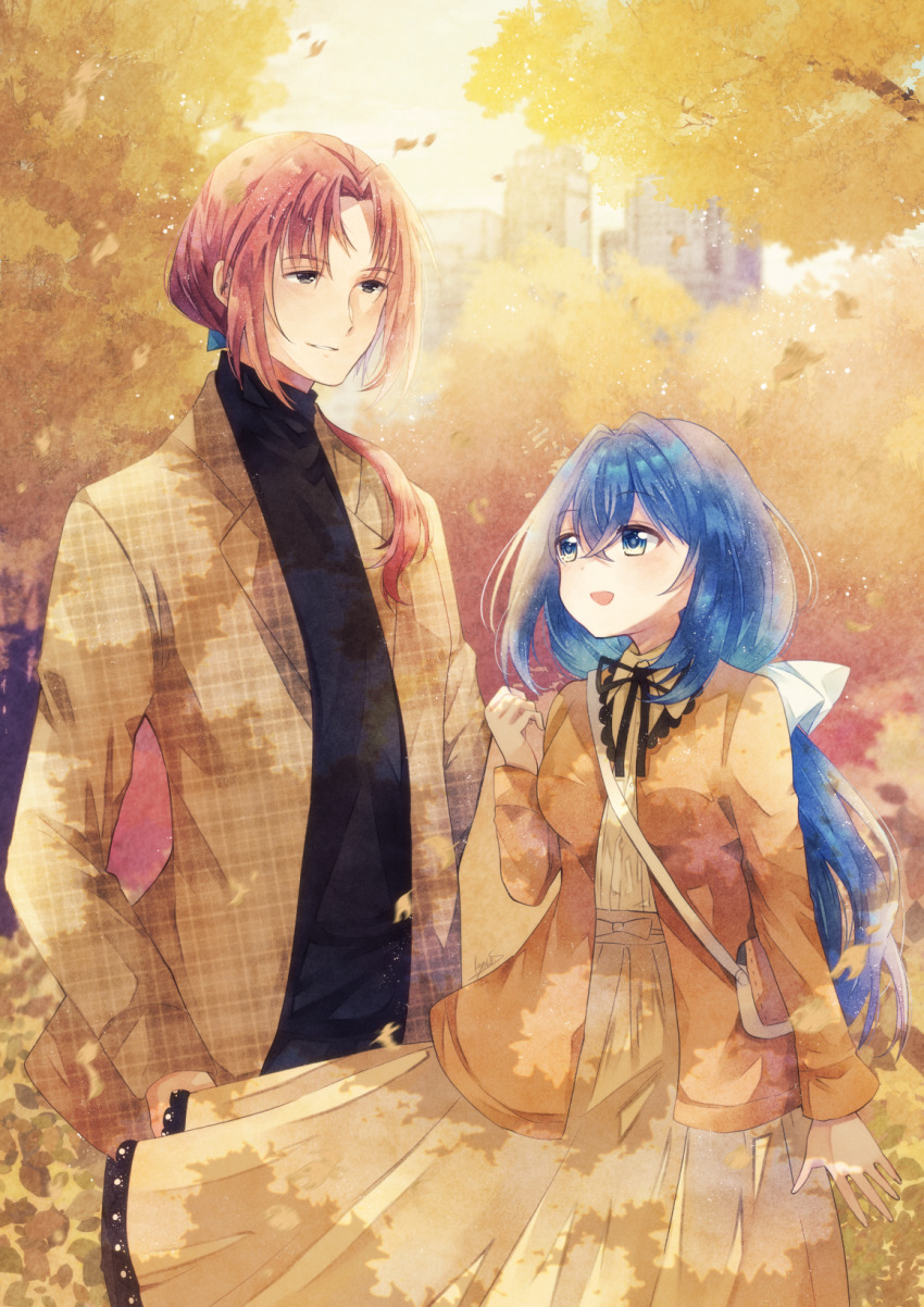 1boy, 1girl, :d, age_difference, autumn, bag, black_shirt, blue_eyes