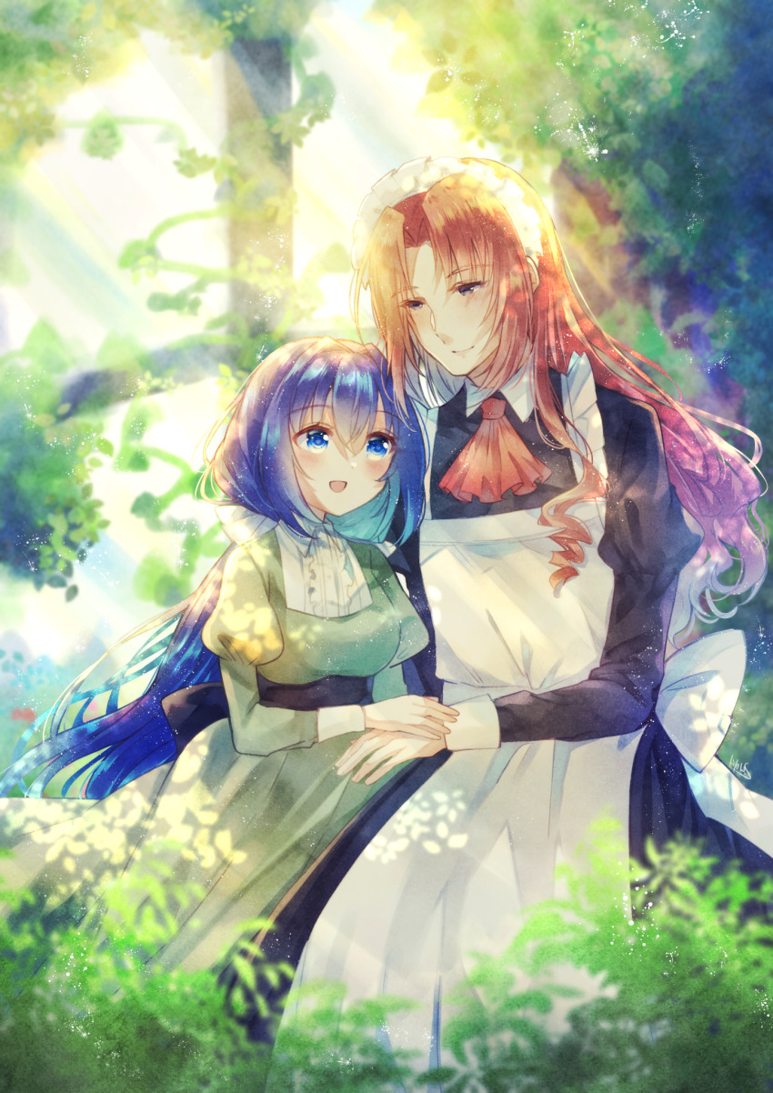 1boy, 1girl, :d, age_difference, ascot, blue_hair, breasts, brown_hair