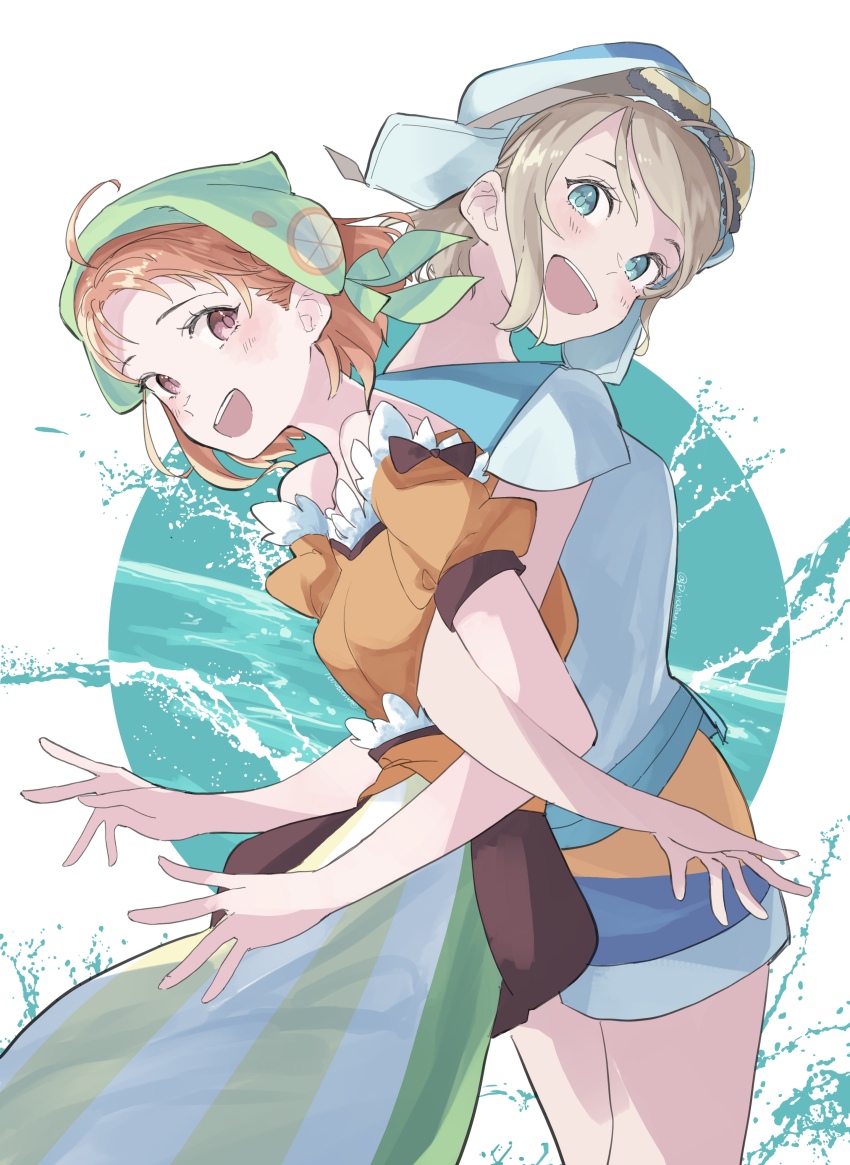 absurdres, bare_shoulders, blue_eyes, brown_hair, dress, genjitsu_no_yohane, goggles, hat