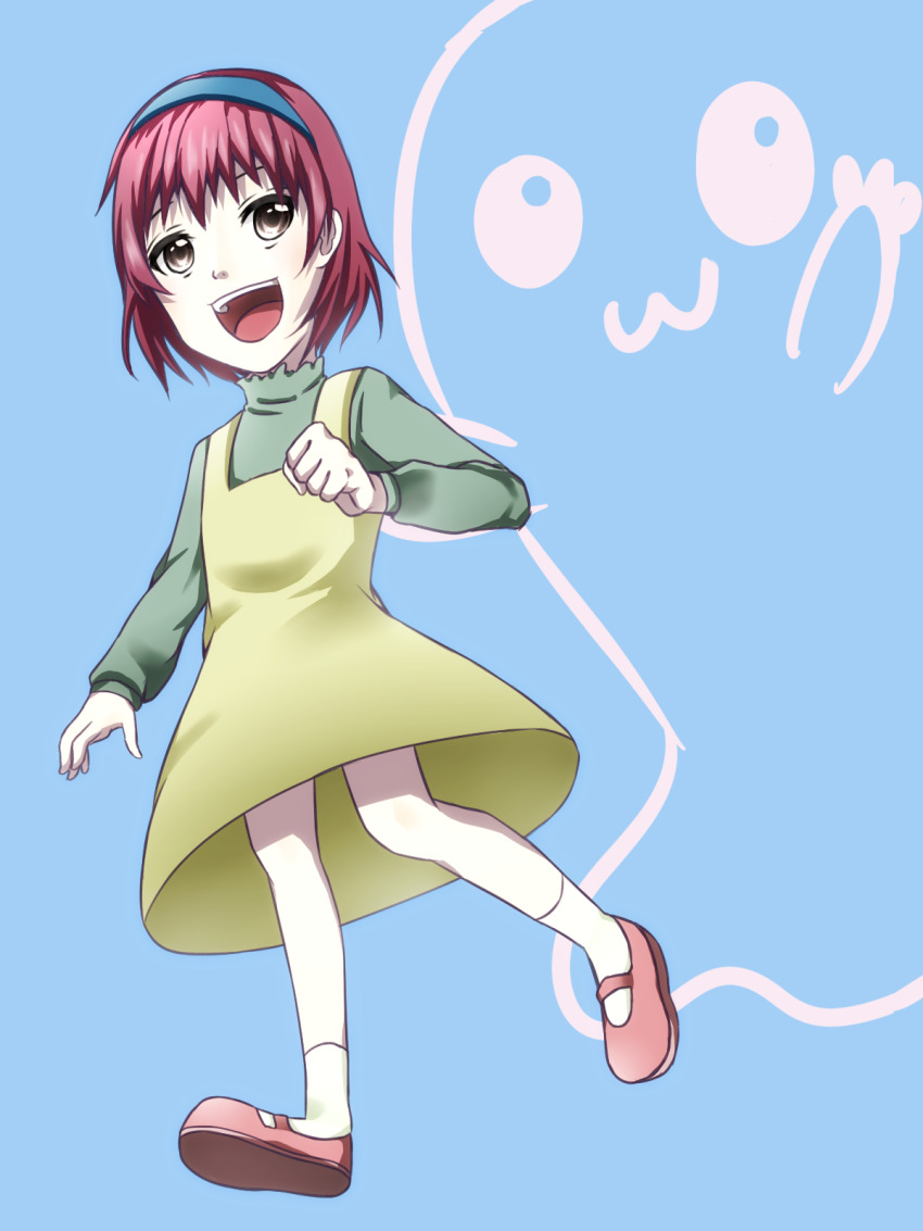 1girl, digimon, digimon_adventure_02, happy, highres, izumi_koshiro's_daughter, looking_at_viewer, mochimon