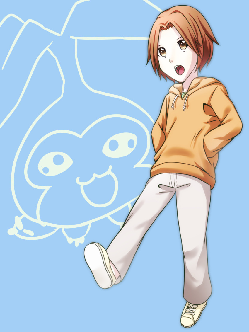 1boy, digimon, digimon_adventure_02, happy, highres, leaf, looking_at_viewer, open_mouth