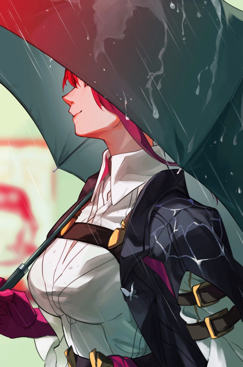 1girl, black_jacket, butterfly_pin, chest_harness, closed_mouth, from_side, gloves, harness