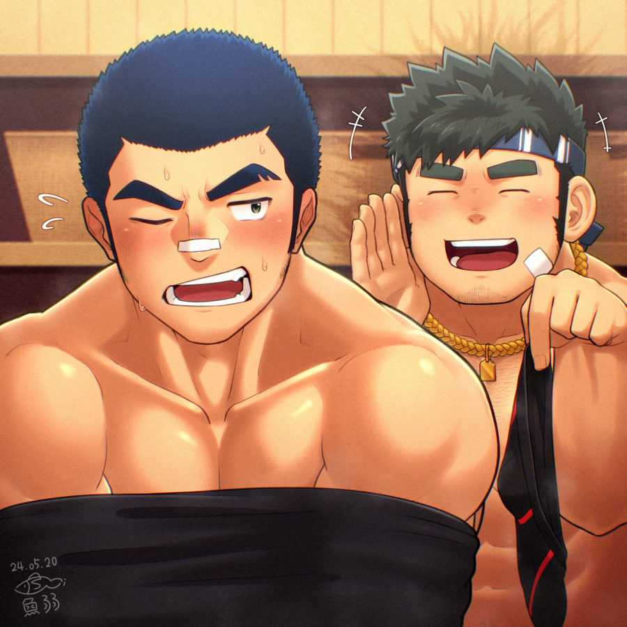 +++, 2boys, bandaid, bandaid_on_cheek, bandaid_on_face, bandaid_on_nose, bara, basil_(crave_saga)
