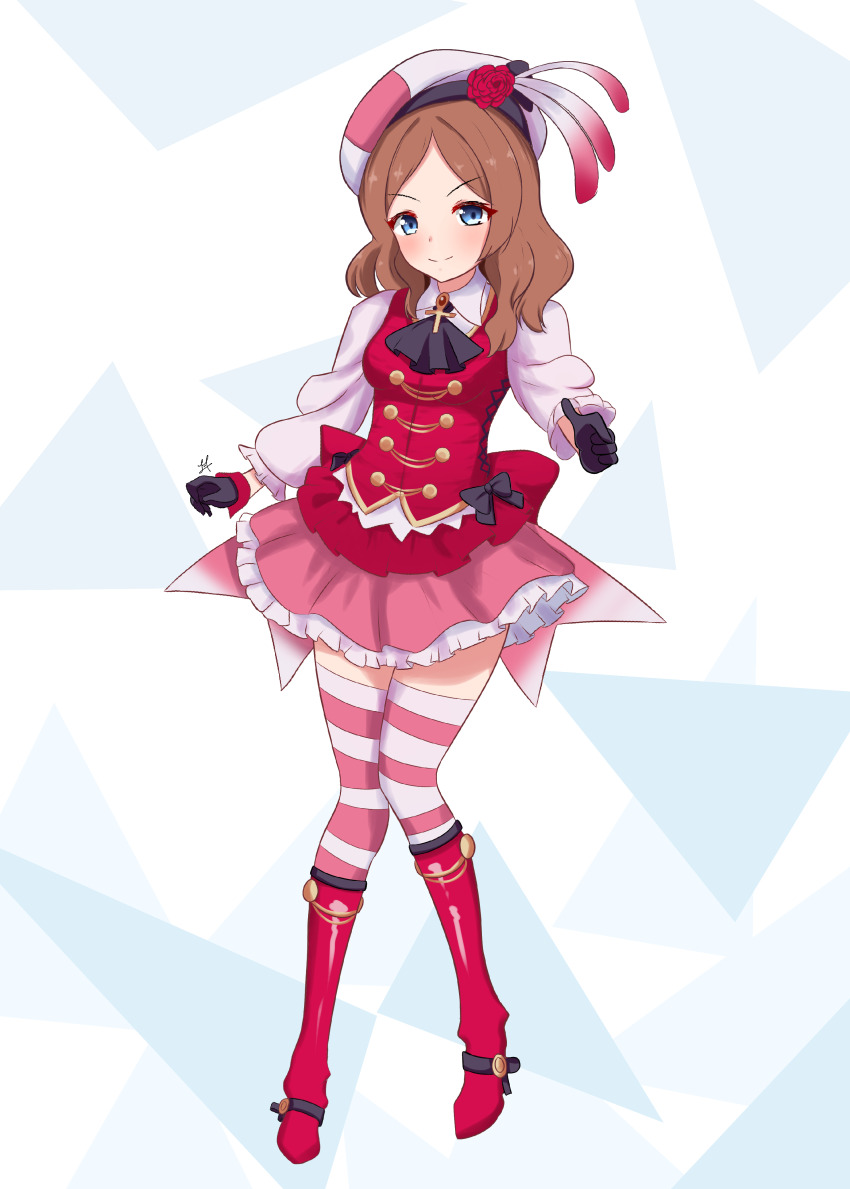 1girl, absurdres, ankh, beret, black_ribbon, blue_eyes, blush, boots