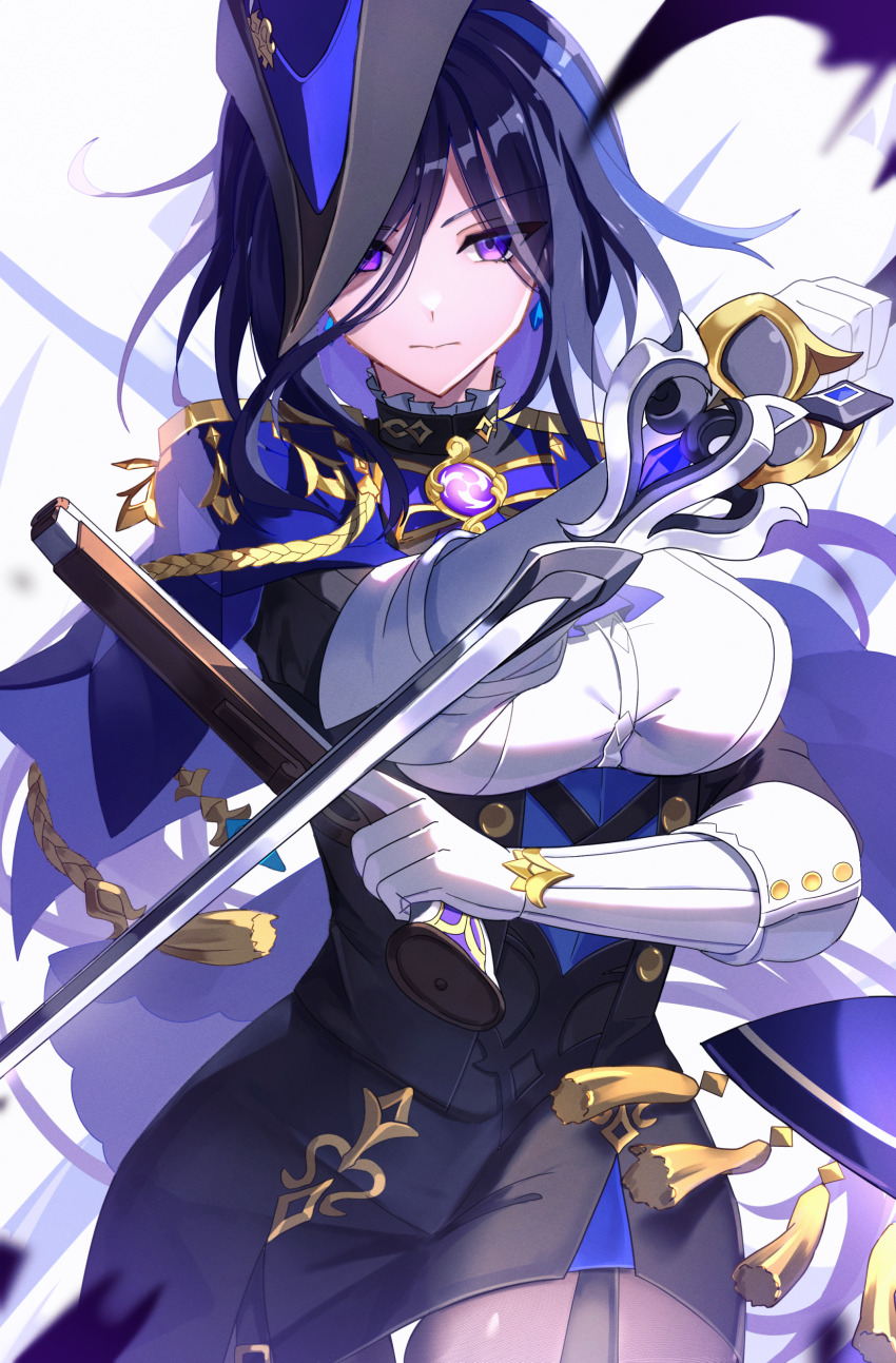 1girl, absolution_(genshin_impact), absurdres, black_hair, black_skirt, blue_capelet, blue_hair, breasts, capelet, clorinde_(genshin_impact), corset, cowboy_shot, genshin_impact, gun, handgun, hat, highres, holding, holding_gun, holding_sword, holding_weapon, large_breasts, looking_at_viewer, miniskirt, multicolored_hair, nyokisan, pantyhose, pencil_skirt, purple_eyes, rapier, reverse_grip, shirt, short_hair, skirt, solo, standing, streaked_hair, sword, tricorne, weapon, white_shirt