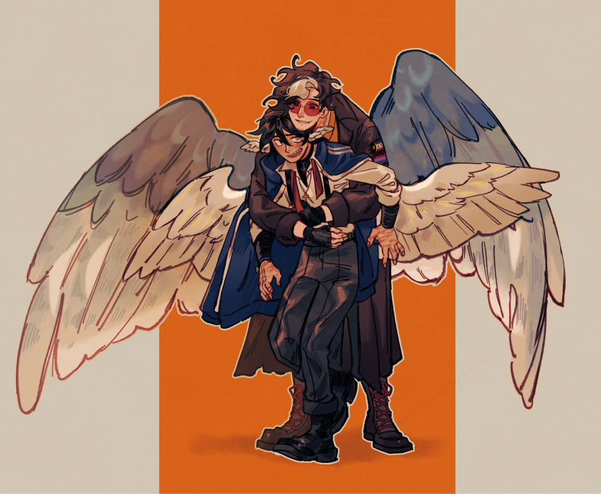 2boys, ankle_cuffs, bird_wings, bisexual_flag, bisexual_male, black_eyes, black_footwear, black_gloves