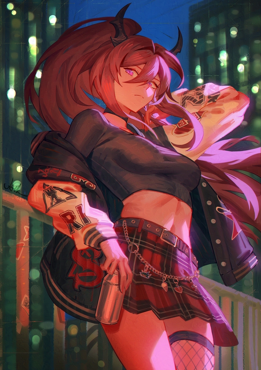 1girl, arknights, belt, black_belt, black_choker, black_shirt, breasts, choker, cowboy_shot, crop_top, fishnet_thighhighs, fishnets, hair_intakes, highres, holding, horns, jacket, jacknguyenart, long_hair, looking_at_viewer, medium_breasts, midriff, miniskirt, navel, off_shoulder, official_alternate_costume, open_clothes, open_jacket, plaid_clothes, plaid_skirt, pleated_skirt, ponytail, purple_eyes, red_hair, red_skirt, shirt, skirt, solo, standing, stomach, surtr_(arknights), surtr_(liberte_echec)_(arknights), thighhighs, very_long_hair