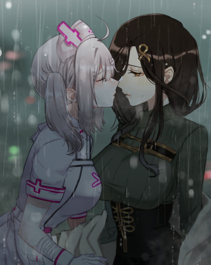 2girls, absurdres, ahoge, bandaged_wrist, bandages, bandaid, bandaid_hair_ornament, black_corset