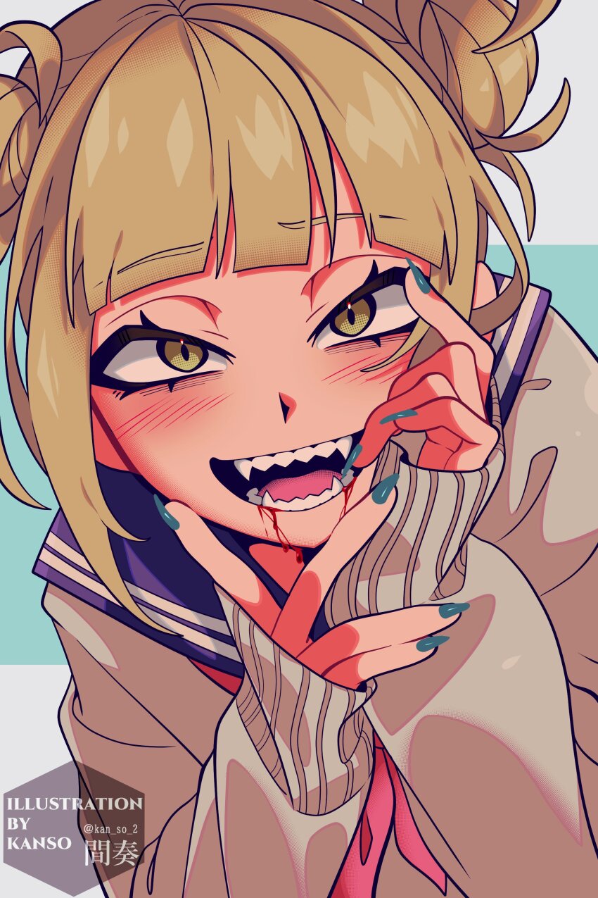1girl, absurdres, aqua_background, aqua_nails, artist_name, blonde_hair, blood, blood_from_mouth, blue_sailor_collar, blunt_bangs, blush, boku_no_hero_academia, brown_sweater, commentary_request, double_bun, fangs, finger_to_own_chin, fingernails, furrowed_brow, green_eyes, grey_background, hair_bun, hands_up, highres, kansou_(kanso_1), long_sleeves, looking_at_viewer, multicolored_background, nail_polish, neckerchief, open_mouth, red_neckerchief, sailor_collar, sharp_fingernails, sharp_teeth, short_hair, sidelocks, sleeves_past_wrists, smile, solo, sweater, teeth, toga_himiko, tongue, twitter_username, two-tone_background, upper_body
