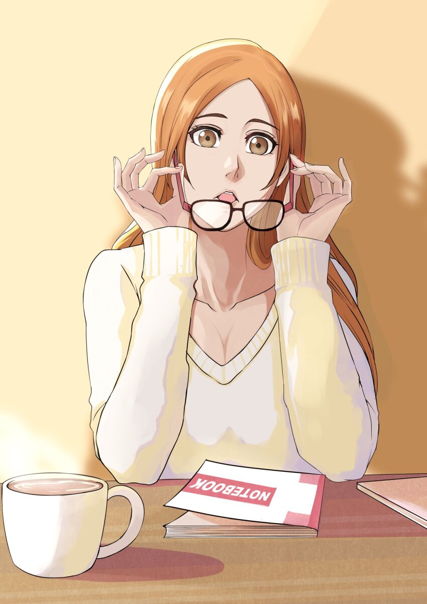1girl, alternate_costume, bleach, brown_eyes, collarbone, commentary_request, cup, glasses, highres, holding, holding_removed_eyewear, indoors, inoue_orihime, lips, long_hair, long_sleeves, mug, notebook, open_mouth, orange_hair, pink_lips, shadow, shaolong, solo, sweater, table, teeth, unworn_eyewear, upper_teeth_only, yellow_sweater