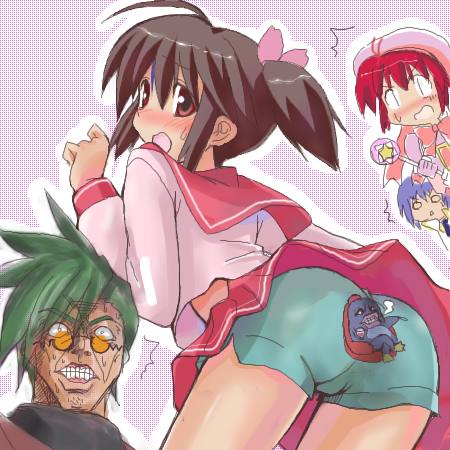 2boys, 2girls, ass, bad_id, bad_link, blue_hair, blush, brown_eyes