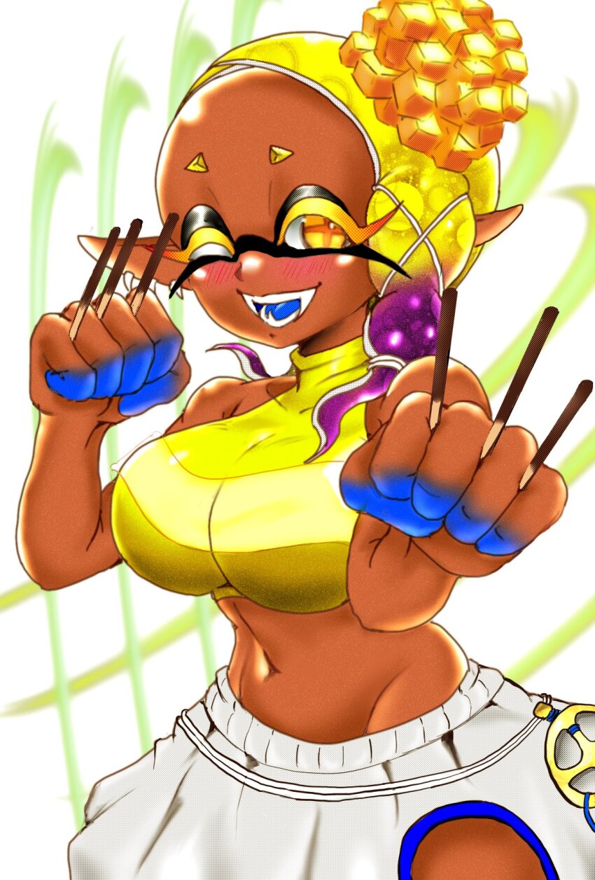 +_+, 1girl, bare_shoulders, blonde_hair, blush, breasts, commentary_request, cowboy_shot