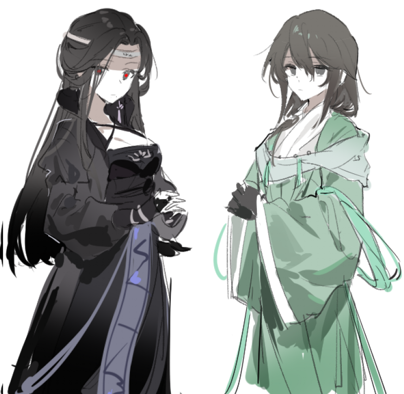 2girls, black_dress, black_gloves, black_hair, breasts, brown_hair, call_of_cthulhu, cleavage, closed_mouth, dress, genderswap, genderswap_(mtf), gloves, green_dress, grey_eyes, gu_yanyu, headband, long_hair, medium_breasts, multiple_girls, pale_skin, parted_bangs, red_eyes, simple_background, sketch, tianyan_jinian, white_background, white_headband, wide_sleeves, xiaohuaitongxue, zhou_lize