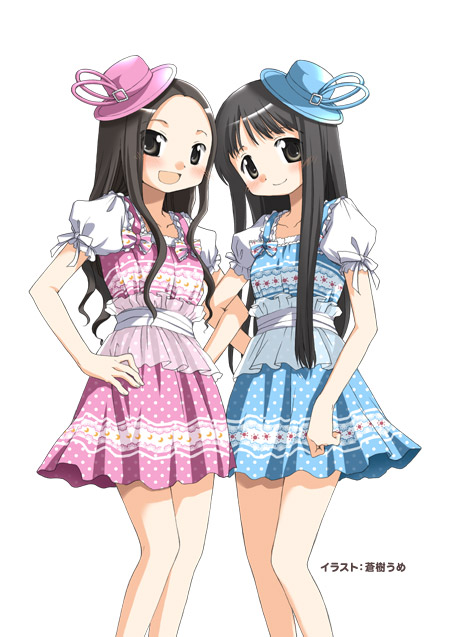 2girls, alice_(claris), aoki_ume, black_eyes, black_hair, blush, clara_(claris), claris_(group), dress, hand_on_own_hip, hat, hip_focus, locked_arms, long_hair, multiple_girls, open_mouth, simple_background, skirt, smile, white_background