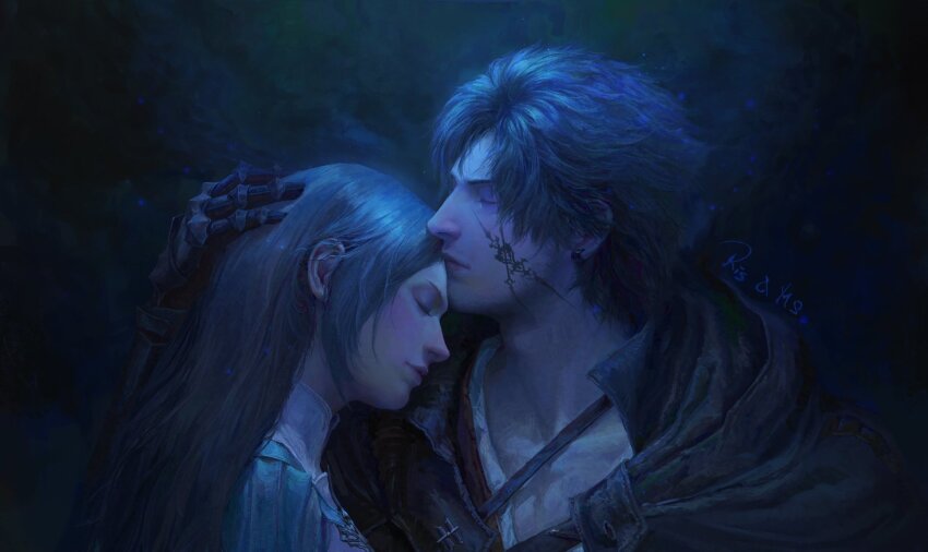 1boy, 1girl, armored_gloves, black_hair, clive_rosfield, closed_eyes, commission, couple, dark_background, earrings, facial_tattoo, final_fantasy, final_fantasy_xvi, hand_on_another's_head, highres, jewelry, jill_warrick, kiss, kissing_forehead, long_hair, mmshan_1107, official_alternate_costume, on_person, short_hair, smile, tattoo