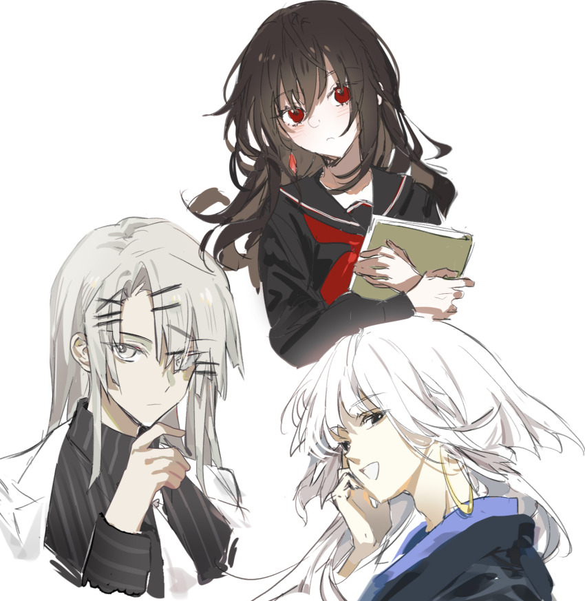 1girl, 2boys, black_shirt, book, brown_hair, call_of_cthulhu, closed_mouth, collared_shirt