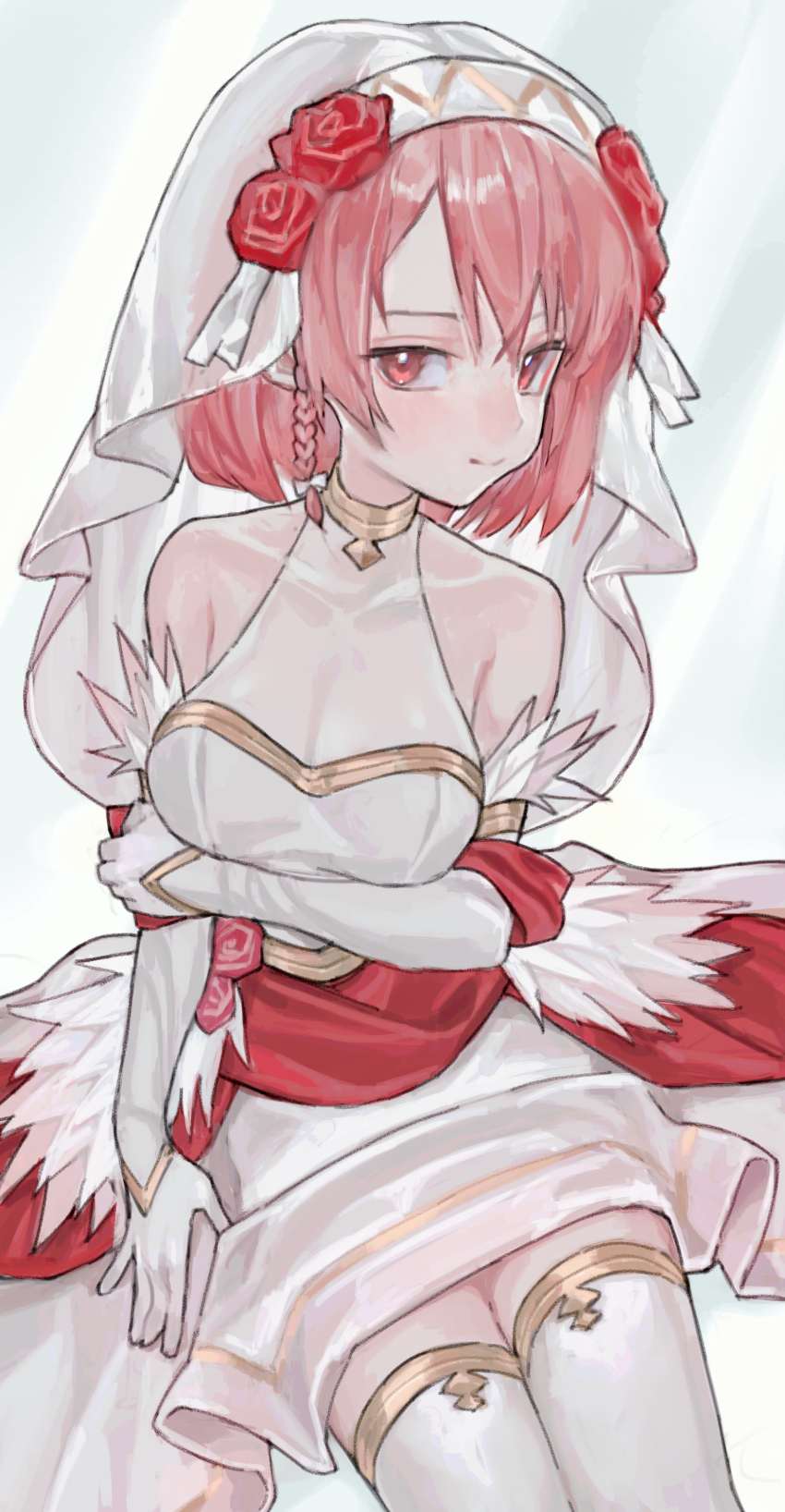 1girl, absurdres, braid, breasts, bridal_gauntlets, bridal_veil, bride, commission, commissioner_upload, dress, fire_emblem, fire_emblem_engage, fire_emblem_heroes, flower, gold_trim, hairband, highres, lapis_(fire_emblem), lapis_(mighty_bride)_(fire_emblem), medium_breasts, medium_hair, multicolored_hairband, nintendo, official_alternate_costume, pink_eyes, pink_hair, red_flower, red_rose, rose, saaal653, single_braid, solo, thighhighs, two-tone_hairband, veil, wedding_dress, wedding_suit, white_bridal_gauntlets, white_hairband, white_thighhighs, yellow_hairband