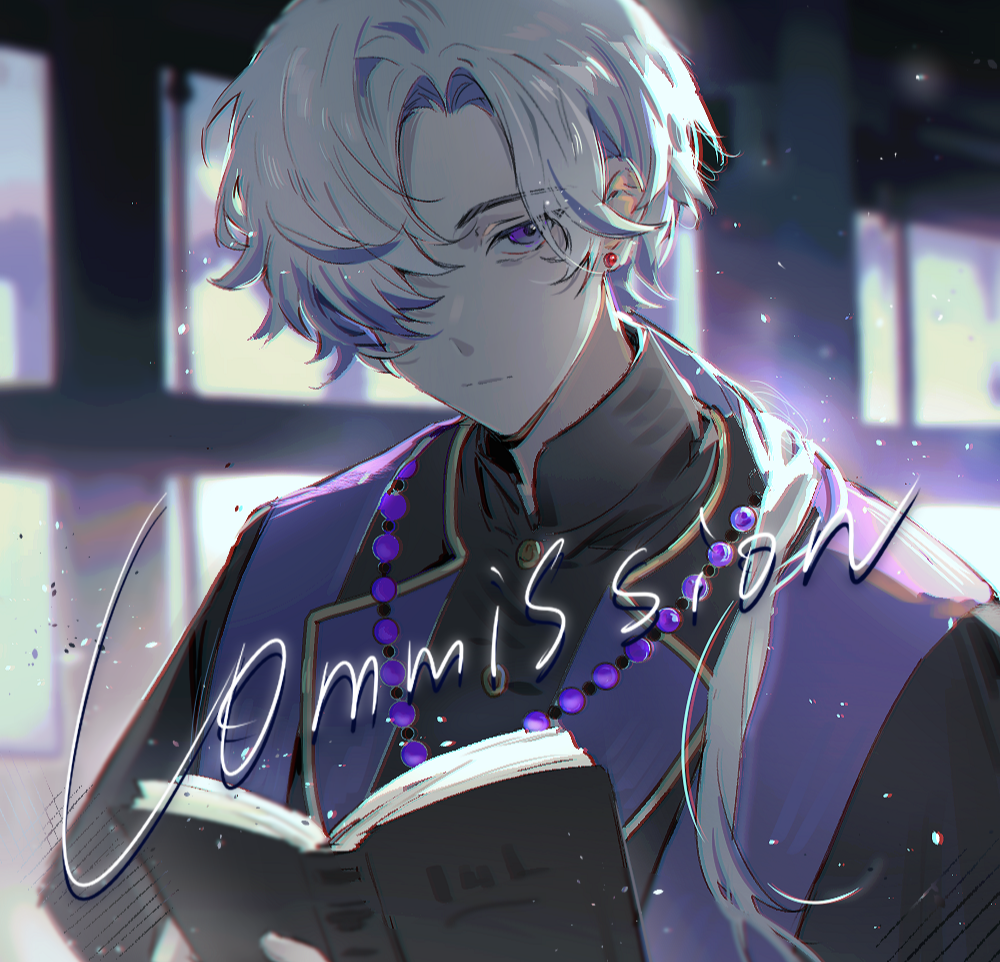 1boy, bead_necklace, beads, black_shirt, book, call_of_cthulhu, closed_mouth, commission