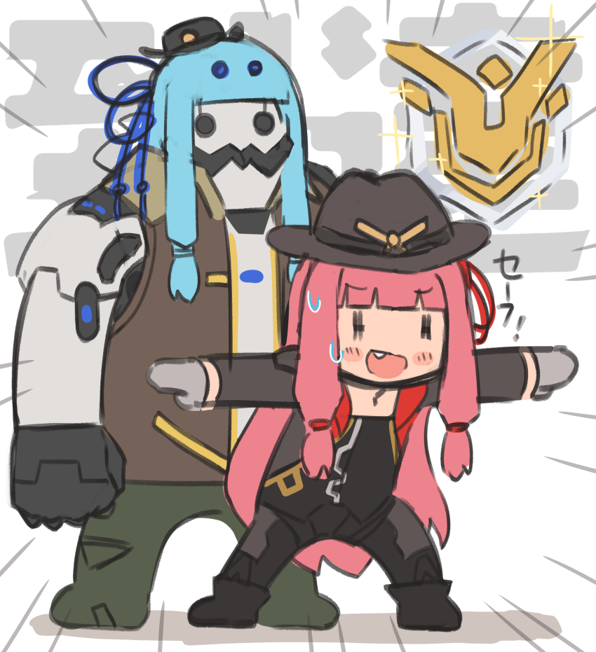 2girls, :d, ashe_(overwatch), ashe_(overwatch)_(cosplay), black_footwear, black_hat, black_jacket, black_pants