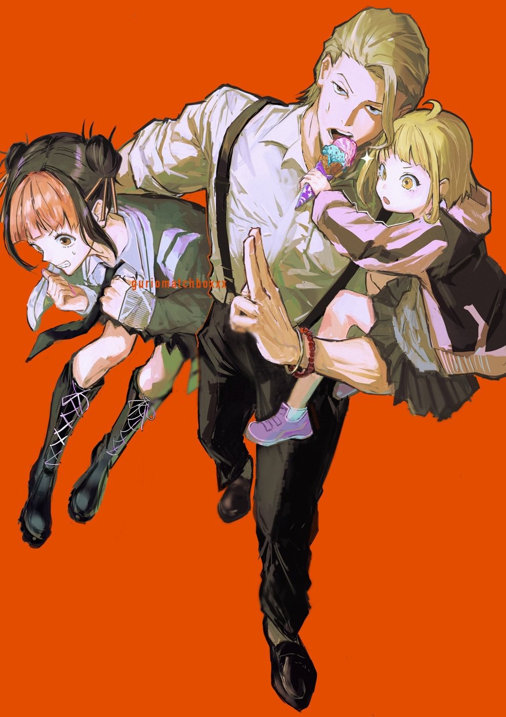 1boy, 2girls, artist_name, bead_bracelet, beads, black_footwear, black_hair, black_jacket, black_neckerchief, black_pants, blonde_hair, boots, bracelet, brown_eyes, double_bun, food, guri_otoko, hair_bun, highres, hinao_(kagurabachi), holding, holding_food, holding_ice_cream, holding_ice_cream_cone, ice_cream, ice_cream_cone, jacket, jewelry, kagurabachi, kyonagi_char, loafers, multicolored_hair, multiple_girls, neckerchief, pants, pink_shoes, red_background, red_hair, shiba_tougo, shirt, shoes, sneakers, suspenders, two-tone_hair, walking, white_shirt, yellow_eyes