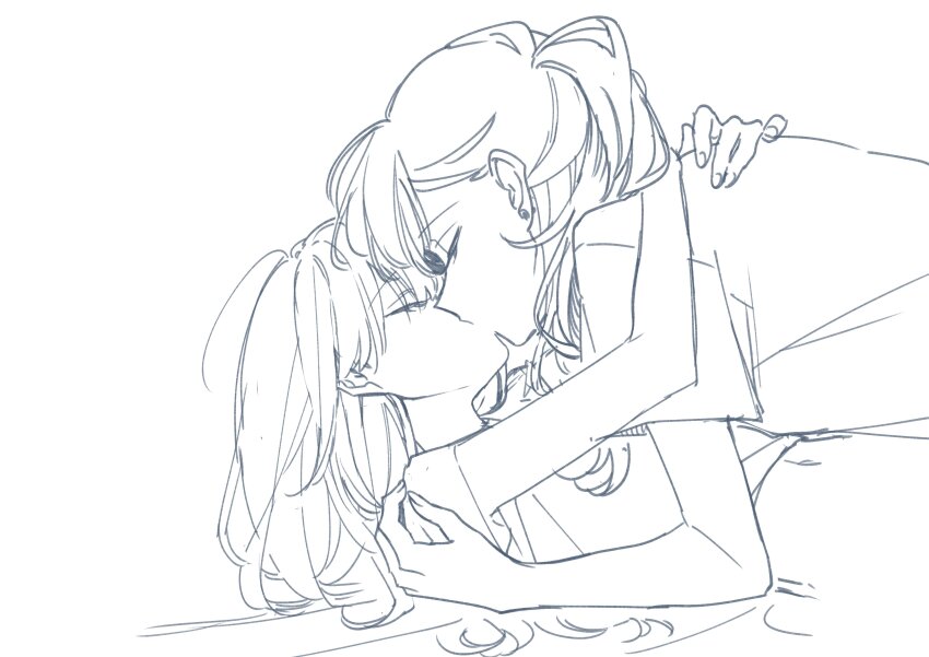 2girls, absurdres, blush, closed_eyes, commentary_request, earrings, eye_contact, half_updo, highres, hug, jewelry, kashikaze, kiss, lonely_girl_ni_sakaraenai, long_hair, looking_at_another, lying, minami_yuina, monochrome, morinaga_wakana, multiple_girls, on_back, shirt, short_sleeves, sketch, stud_earrings, white_background, yuri