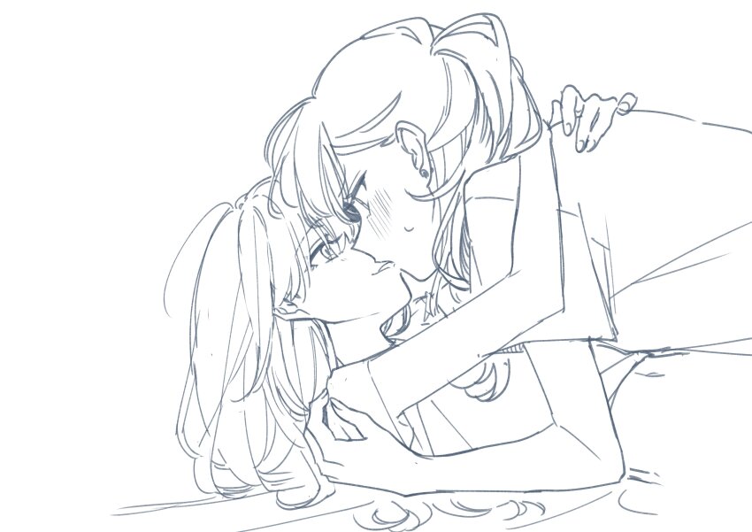 2girls, absurdres, blush, commentary_request, earrings, eye_contact, half_updo, highres