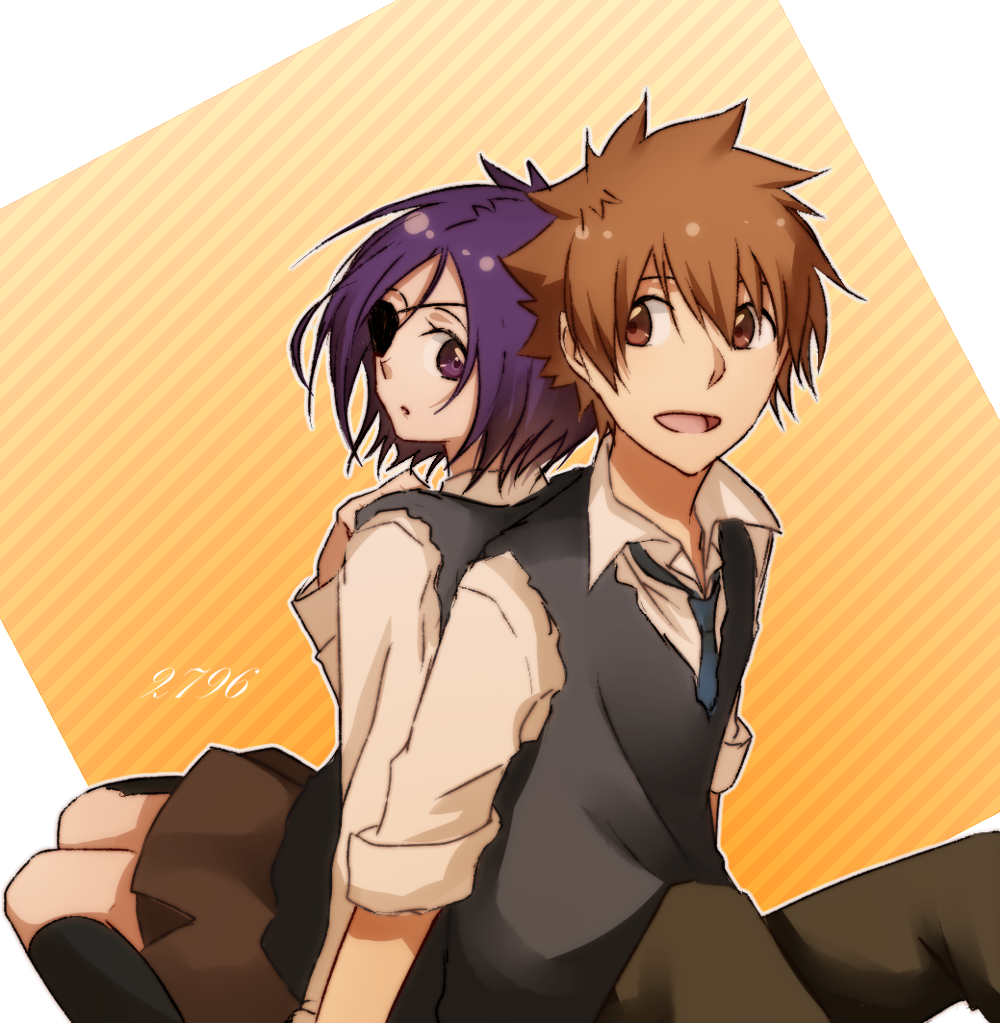 1boy, 1girl, black_vest, blue_necktie, brown_eyes, brown_hair, brown_skirt, chrome_dokuro